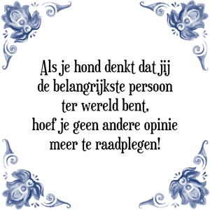 Spreuk Als je hond denkt dat jij
de belangrijkste persoon
ter wereld bent,
hoef je geen andere opinie
meer te raadplegen!