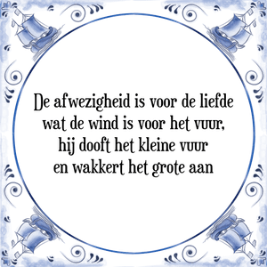 Spreuk De afwezigheid is voor de liefde
wat de wind is voor het vuur,
hij dooft het kleine vuur
en wakkert het grote aan