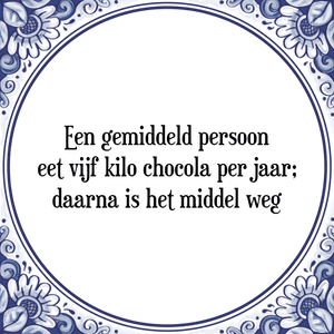 Spreuk Een gemiddeld persoon
eet vijf kilo chocola per jaar;
daarna is het middel weg