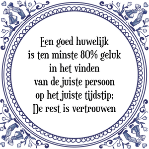 Spreuk Een goed huwelijk
is ten minste 80% geluk
in het vinden
van de juiste persoon
op het juiste tijdstip;
De rest is vertrouwen