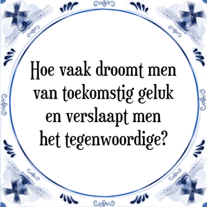 Spreuk Hoe vaak droomt men
van toekomstig geluk
en verslaapt men
het tegenwoordige?