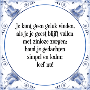 Spreuk Je kunt geen geluk vinden,
als je je geest blijft vullen
met zinloze zorgen;
houd je gedachten
simpel en kalm;
leef nu!