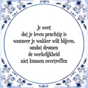 Spreuk Je weet
dat je leven prachtig is
wanneer je wakker wilt blijven,
omdat dromen
de werkelijkheid
niet kunnen overtreffen