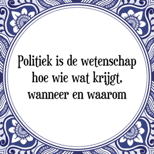 Spreuk Politiek is de wetenschap
hoe wie wat krijgt,
wanneer en waarom