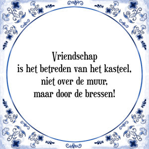 Spreuk Vriendschap
is het betreden van het kasteel,
niet over de muur,
maar door de bressen!