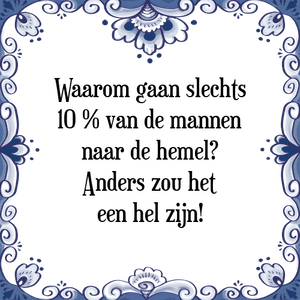 Spreuk Waarom gaan slechts
10 % van de mannen
naar de hemel?
Anders zou het
een hel zijn!