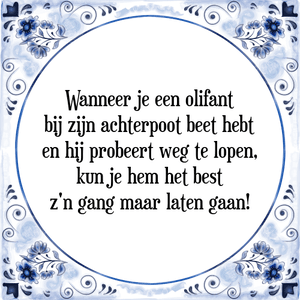 Spreuk Wanneer je een olifant
bij zijn achterpoot beet hebt
en hij probeert weg te lopen,
kun je hem het best
z\'n gang maar laten gaan!