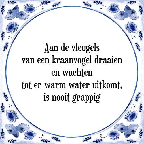 Aan de vleugels van een kraanvogel draaien en wachten tot er warm water uitkomt, is nooit grappig - Tegeltje met Spreuk