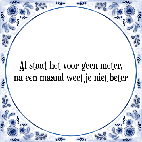 Al staat het voor geen meter, na een maand weet je niet beter - Tegeltje met Spreuk