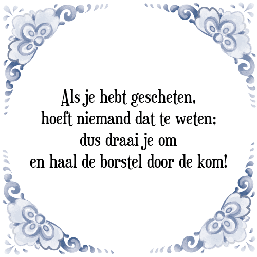 Als je hebt gescheten, hoeft niemand dat te weten; dus draai je om en haal de borstel door de kom! - Tegeltje met Spreuk