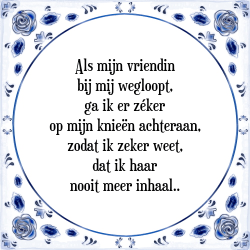 Als mijn vriendin bij mij wegloopt, ga ik er zéker op mijn knieën achteraan, zodat ik zeker weet, dat ik haar nooit meer inhaal - Tegeltje met Spreuk