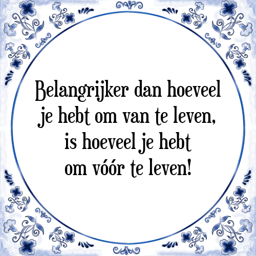 Belangrijker dan hoeveel je hebt om van te leven, is hoeveel je hebt om vóór te leven! - Tegeltje met Spreuk