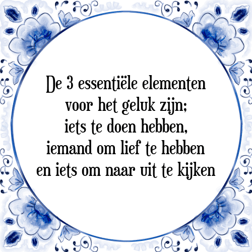 De 3 essentiële elementen voor het geluk zijn; iets te doen hebben, iemand om lief te hebben en iets om naar uit te kijken - Tegeltje met Spreuk