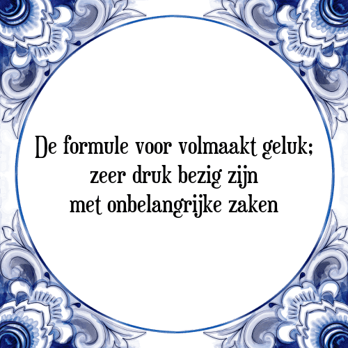 De formule voor volmaakt geluk; zeer druk bezig zijn met onbelangrijke zaken - Tegeltje met Spreuk