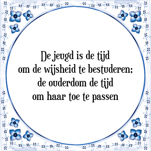 De jeugd is de tijd om de wijsheid te bestuderen; de ouderdom de tijd om haar toe te passen - Tegeltje met Spreuk