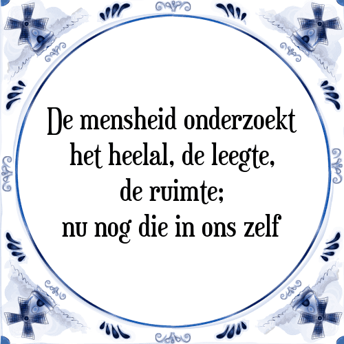 De mensheid onderzoekt het heelal, de leegte, de ruimte; nu nog die in ons zelf - Tegeltje met Spreuk