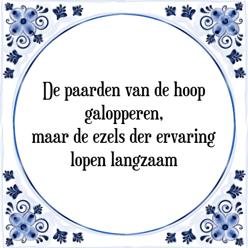 De paarden van de hoop galopperen, maar de ezels der ervaring lopen langzaam - Tegeltje met Spreuk