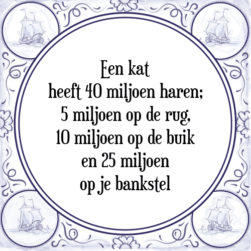 Een kat heeft 40 miljoen haren; 5 miljoen op de rug, 10 miljoen op de buik en 25 miljoen op je bankstel - Tegeltje met Spreuk