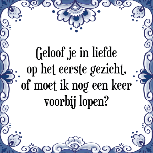 Geloof je in liefde op het eerste gezicht, of moet ik nog een keer voorbij lopen? - Tegeltje met Spreuk