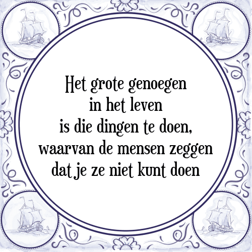 Het grote genoegen in het leven is die dingen te doen, waarvan de mensen zeggen dat je ze niet kunt doen - Tegeltje met Spreuk