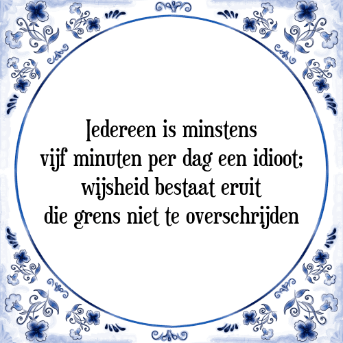 Iedereen is minstens vijf minuten per dag een idioot; wijsheid bestaat eruit die grens niet te overschrijden - Tegeltje met Spreuk