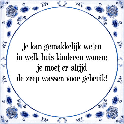 Je kan gemakkelijk weten in welk huis kinderen wonen; je moet er altijd de zeep wassen voor gebruik! - Tegeltje met Spreuk