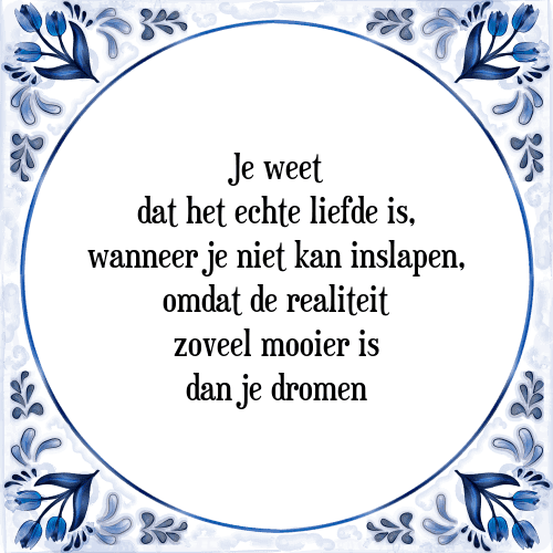 Je weet dat het echte liefde is, wanneer je niet kan inslapen, omdat de realiteit zoveel mooier is dan je dromen - Tegeltje met Spreuk