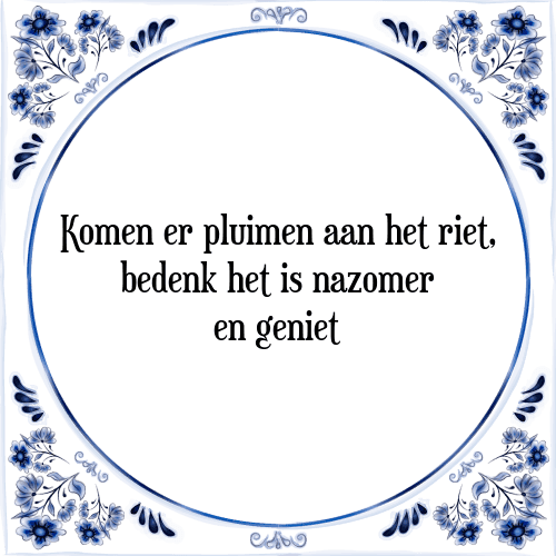 Komen er pluimen aan het riet, bedenk het is nazomer en geniet - Tegeltje met Spreuk