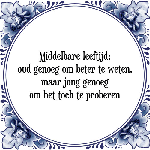 Middelbare leeftijd; oud genoeg om beter te weten, maar jong genoeg om het toch te proberen - Tegeltje met Spreuk