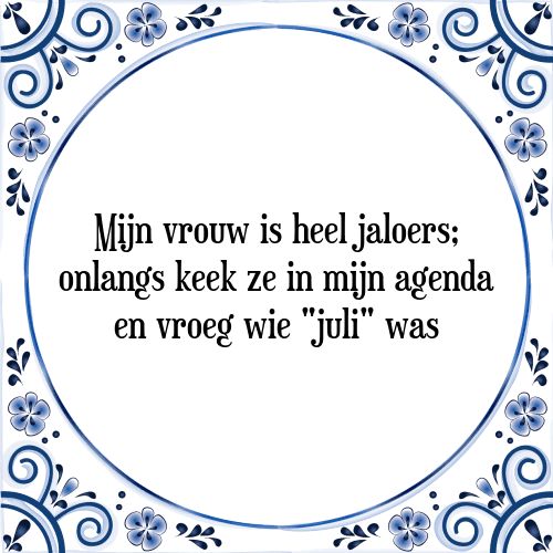 Mijn vrouw is heel jaloers; onlangs keek ze in mijn agenda en vroeg wie "juli" was - Tegeltje met Spreuk