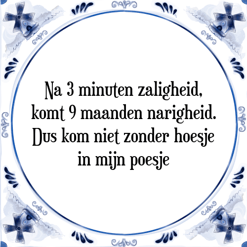 Na 3 minuten zaligheid, komt 9 maanden narigheid. Dus kom niet zonder hoesje in mijn poesje - Tegeltje met Spreuk