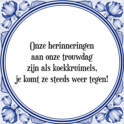 Onze herinneringen aan onze trouwdag zijn als koekkruimels, je komt ze steeds weer tegen! - Tegeltje met Spreuk