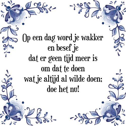 Op een dag word je wakker en besef je dat er geen tijd meer is om dat te doen wat je altijd al wilde doen; doe het nu! - Tegeltje met Spreuk