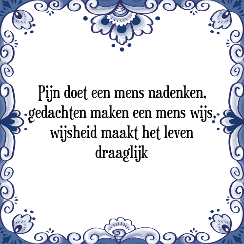 Pijn doet een mens nadenken, gedachten maken een mens wijs, wijsheid maakt het leven draaglijk - Tegeltje met Spreuk