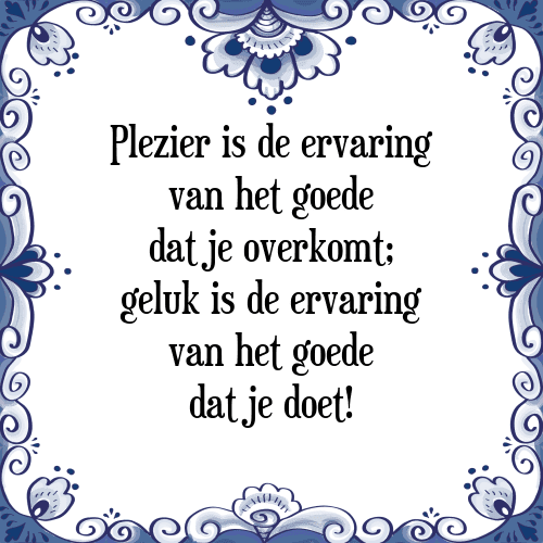 Plezier is de ervaring van het goede dat je overkomt; geluk is de ervaring van het goede dat je doet! - Tegeltje met Spreuk