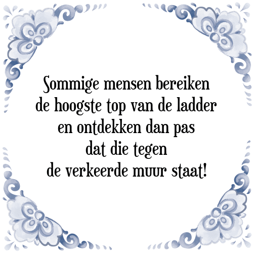 Sommige mensen bereiken de hoogste top van de ladder en ontdekken dan pas dat die tegen de verkeerde muur staat! - Tegeltje met Spreuk