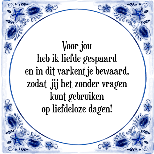 Voor jou heb ik liefde gespaard en in dit varkentje bewaard, zodat jij het zonder vragen kunt gebruiken op liefdeloze dagen! - Tegeltje met Spreuk