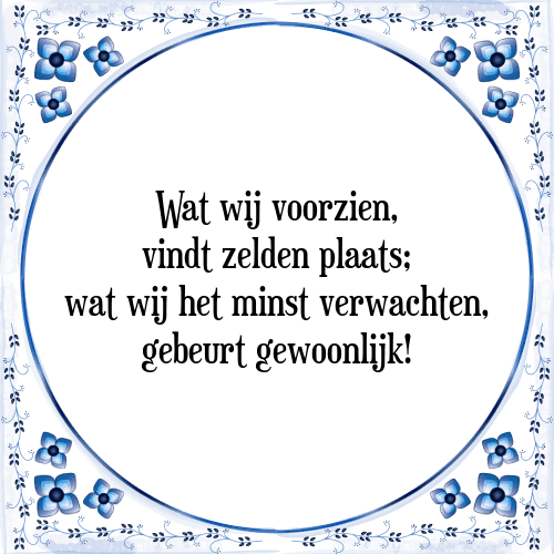 Wat wij voorzien, vindt zelden plaats; wat wij het minst verwachten, gebeurt gewoonlijk! - Tegeltje met Spreuk