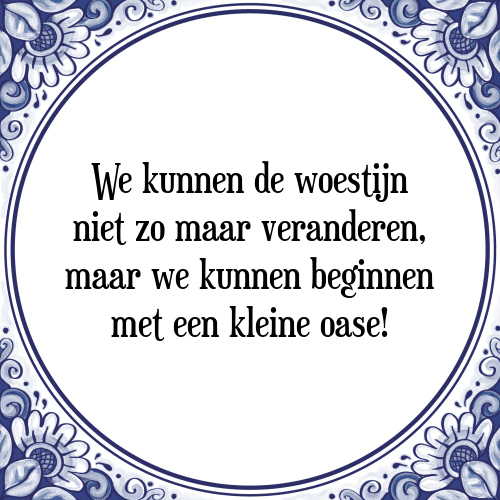 We kunnen de woestijn niet zo maar veranderen, maar we kunnen beginnen met een kleine oase! - Tegeltje met Spreuk