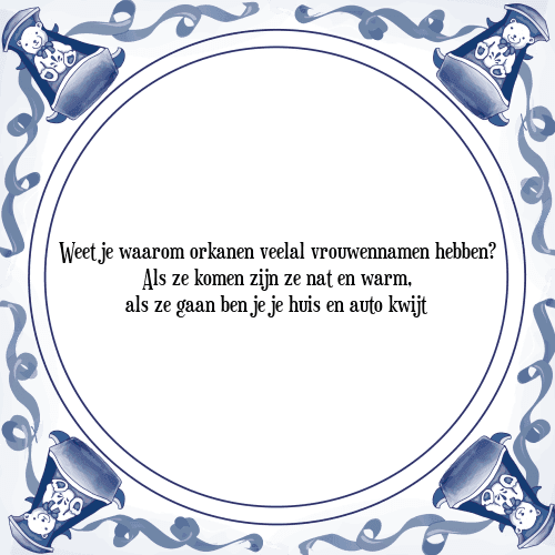 Weet je waarom orkanen veelal vrouwennamen hebben? Als ze komen zijn ze nat en warm, als ze gaan ben je je huis en auto kwijt - Tegeltje met Spreuk