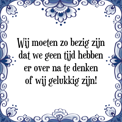 Wij moeten zo bezig zijn dat we geen tijd hebben er over na te denken of wij gelukkig zijn! - Tegeltje met Spreuk