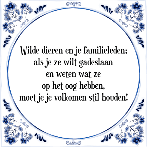 Wilde dieren en je familieleden; als je ze wilt gadeslaan en weten wat ze op het oog hebben, moet je je volkomen stil houden! - Tegeltje met Spreuk