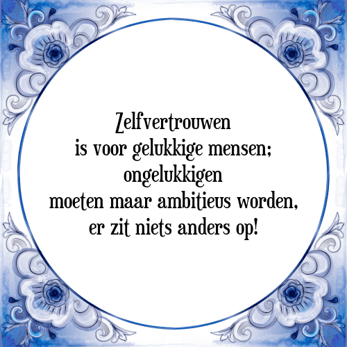 Zelfvertrouwen is voor gelukkige mensen; ongelukkigen moeten maar ambitieus worden, er zit niets anders op! - Tegeltje met Spreuk